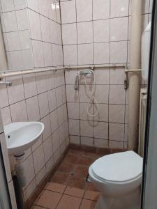 a small bathroom with a toilet and a sink at Hostel Laki in Skopje