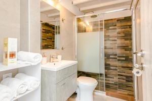 a bathroom with a shower and a toilet and a sink at Harmony Apartment 2 in Agios Sostis