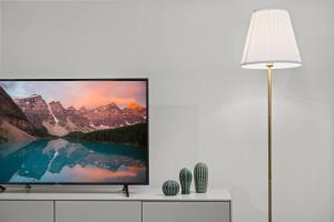 una TV appoggiata su una cassettiera accanto a una lampada di Tranquil Retreat in Roseville With Garden Oasis a Sydney