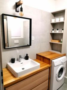 a bathroom with a sink and a washing machine at MATADOR apartment & Free Parking in Bratislava
