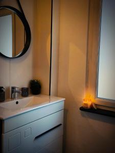 a bathroom with a sink and a mirror at Le cinoche in Woustviller