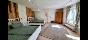 Wunderschöne und zentrumsnahe Ferienwohnung 75 qm في فريبورغ ام بريسغاو: غرفة معيشة بها سريرين وأريكة