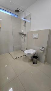 a white bathroom with a shower and a toilet at MRM Apartman Tihany in Tihany