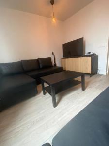 - un salon avec un canapé noir et une table basse dans l'établissement Hverfisgata44 Downtown Reykjavik, à Reykjavik