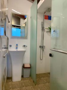 a bathroom with a shower and a sink at The Heritage Inn in Kandy +16 photos