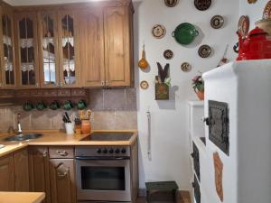 a kitchen with wooden cabinets and a white refrigerator at Kemencés Vendégház in Kővágószőlős