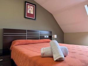 a bedroom with a large bed with an orange bedspread at Pensión Restaurante Tino in Germade