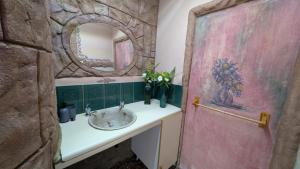 a bathroom with a sink and a mirror at La Mathil in Swartspruit