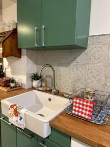 a kitchen with a sink and green cabinets at Bulle Appart 1 NEW 2025 City Center in Épernay +52 photos