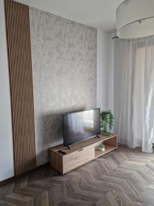 a living room with a flat screen tv on a wooden stand at Apartament Jagiełły Park Olsztynek in Olsztynek