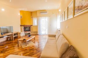 Una sala de estar con un sofá y un televisor. en Villa Nila, a charming villa just a short walk away from the beach, en Premantura