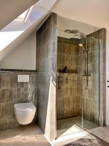 Un baño con inodoro y ducha de cristal. en Sommerby Sky, en Brodersby