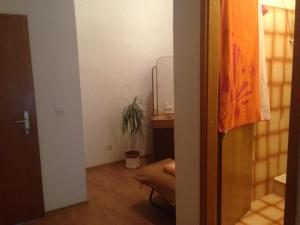 une porte ouverte menant à une pièce avec une table et une plante dans l'établissement House Elka, à Baška Voda