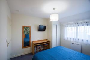 a bedroom with a blue bed and a mirror at Tipoz'immo-Le Grand Grand 209 -view and direct access to the sea-pets accep in Pouldreuzic +8 photos