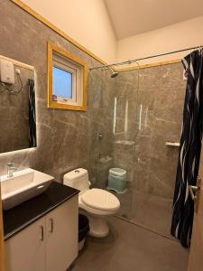 a bathroom with a toilet and a sink and a shower at Sea Breeze, Guhagar in Guhagar