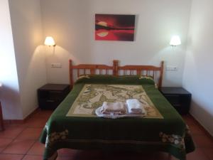 a bedroom with a bed with a green blanket at Habitacion de la marquesa in Alcoleja