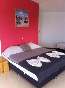 a bedroom with a bed with a red wall at Questel BronQ in Chã da Igreja