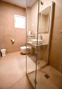 a bathroom with a glass shower with a toilet and a sink at Dubrovnik Icy Guest House in Dubrovnik