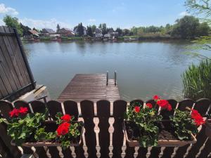 a wooden dock with two plants and red flowers at Sinka Vendégház in Békésszentandrás