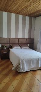 a bedroom with a bed and a striped wall at Sitio Julimari in Itabirito
