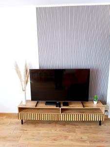 a flat screen tv sitting on top of a wooden coffee table at Appartement 3 chambres à Sedan in Sedan