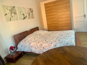 a bedroom with a bed and a wooden door at B&B bio new in Dieffenthal