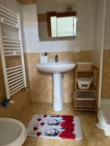 une salle de bain avec un lavabo et des roses rouges sur le sol dans l'établissement Il Vicolo, à Caltagirone