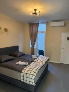 a bedroom with a bed with a ceiling fan and a window at EMM Guesthouse in Ypres
