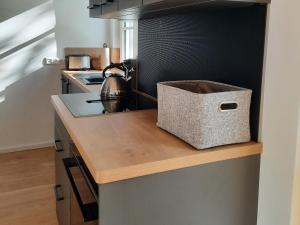 Una cocina con una encimera y una tetera sobre una estufa. en Seeapartment Wustrau, en Wustrau