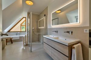 a bathroom with a sink and a shower and a mirror at Apartment Rehwiese in Burg +26 photos
