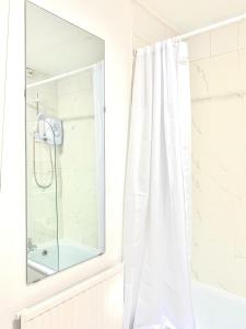 a bathroom with a shower curtain and a mirror at Shoreditch Rooms Near Tower Bridge in London