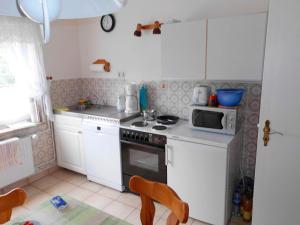 a small kitchen with a stove and a microwave at Scheel II in Schlagsdorf
