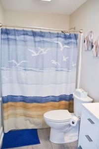 une salle de bain avec toilettes et rideau de douche dans l'établissement 4BR Soundfront cottage Private Dock Fishing, à Davis 12 autres photos