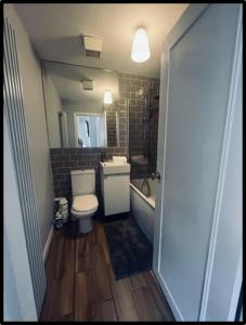 a bathroom with a toilet and a sink and a tub at Coastal Cwtch in Moffat