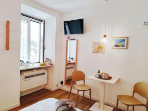 a dog laying on the floor in a living room at Calin Apartment in Turin