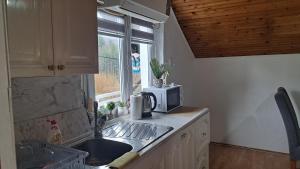 a kitchen with a sink and a microwave at Apartman Mila 2 in Jajce