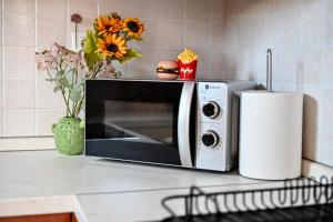 un micro-ondes posé sur un comptoir de cuisine avec des fleurs dans l'établissement Apartment Olivia, à Zadar 7 autres photos