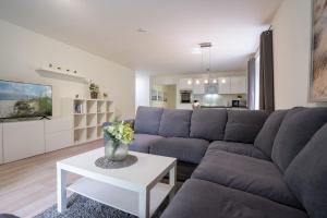 ein Wohnzimmer mit Sofa und Tisch in der Unterkunft Pier 67 Familienkoje Marina Neustadt in Roge