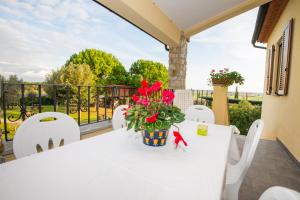 ヴェントゥリーナにあるCasa Vacanze Poggio Apricoの白いテーブルと赤い花が咲くバルコニー