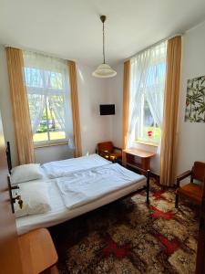a bedroom with a large bed and two windows at Wille Amber in Mielno