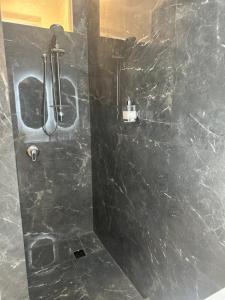 珀斯Villa in Nedlands, Venice的带淋浴和黑色大理石墙壁的浴室