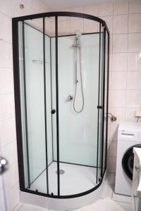 a shower with a glass door in a bathroom at Stiglitzer Apartment in Sankt Martin +13 photos