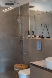 a bathroom with a shower with a toilet and a sink at Debesu kopa in Nida +10 photos