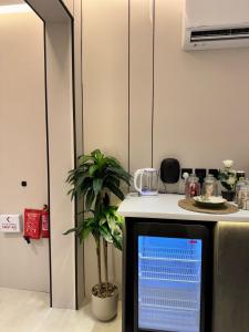 a tv sitting next to a counter with a plant at استديو فاخر بجلسه ودخول ذاتي in Al Hofuf +7 photos