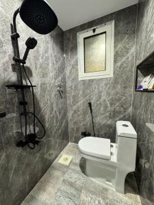 a bathroom with a toilet and a shower with a microphone at استديو فاخر بجلسه ودخول ذاتي in Al Hofuf