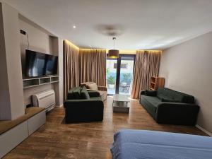 a living room with two couches and a flat screen tv at Vila-Amo Tirana Center in Tirana
