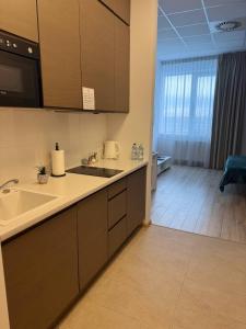 a kitchen with a sink and a counter top at Zlatarooms 222 in Warsaw