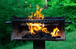 a grill with fire in it in a yard at A-Frame #16 - by The Chalets in Logan
