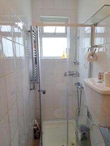 a bathroom with a shower and a toilet and a sink at Ilford Town House- Close to London ILFORD Train Station in Ilford