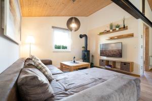Una sala de estar con un sofá y un televisor. en Chalet Ostsee A, en Dahme